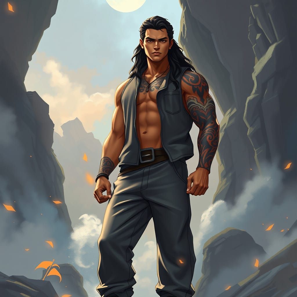 Confident Samoan Hero in Fantastical Setting