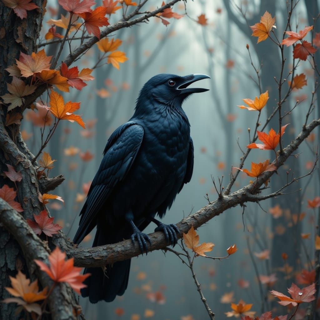 Crow on Dry Branch at Dusk, Autumn Evening