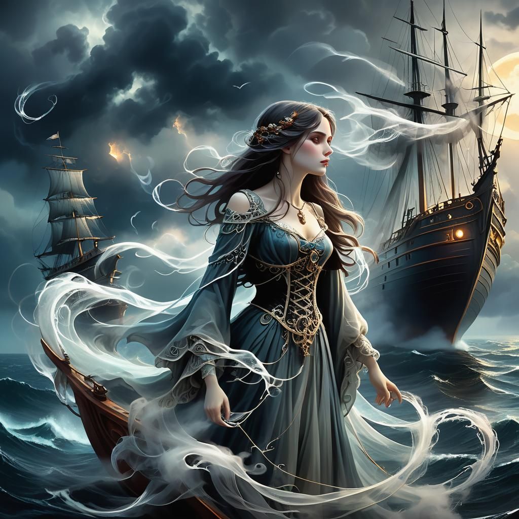 Ghostly Figure Amidst Storm-Tossed Winged Ships