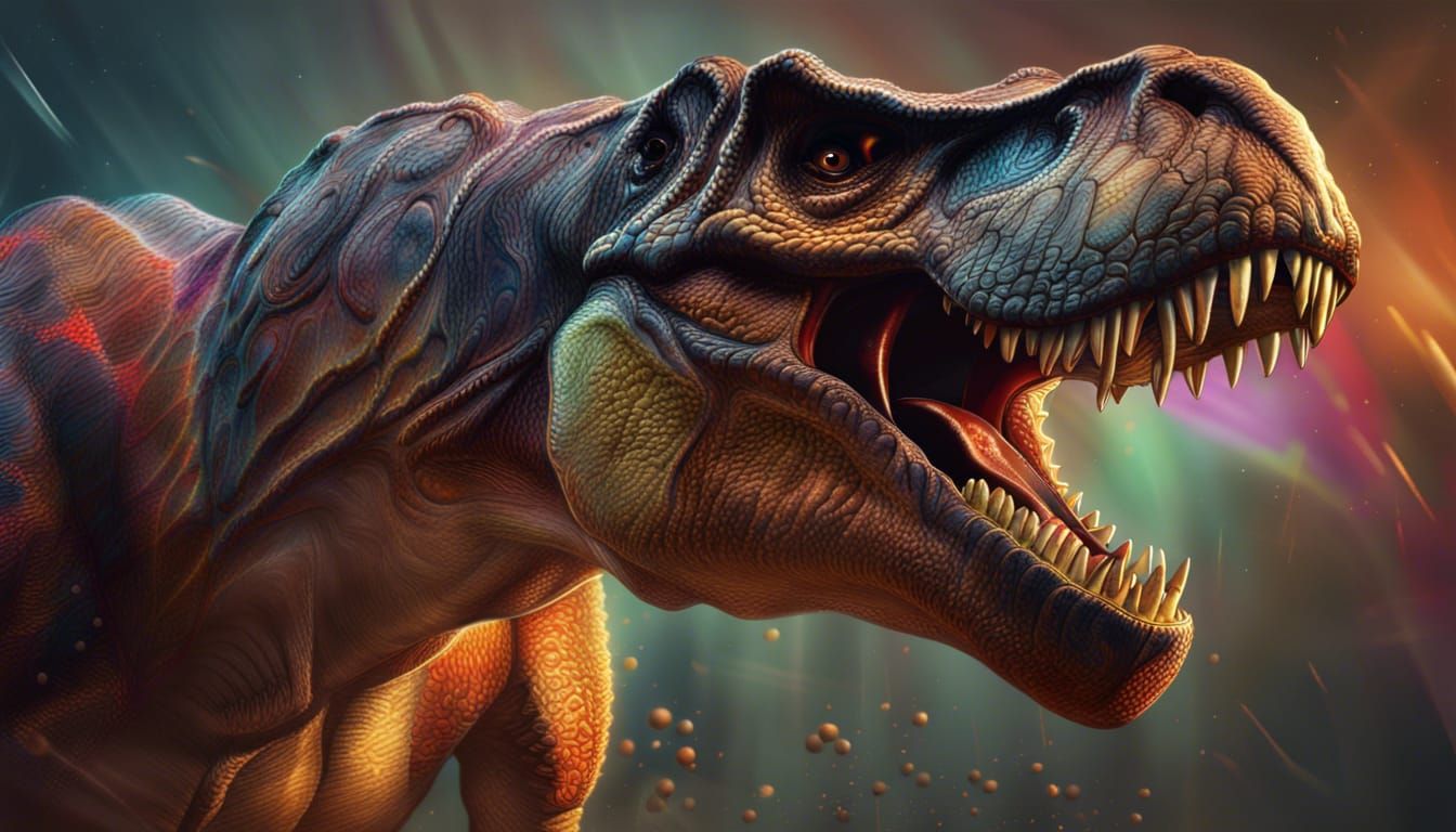 Roaring T-Rex in Hyperrealistic Splash Art Style