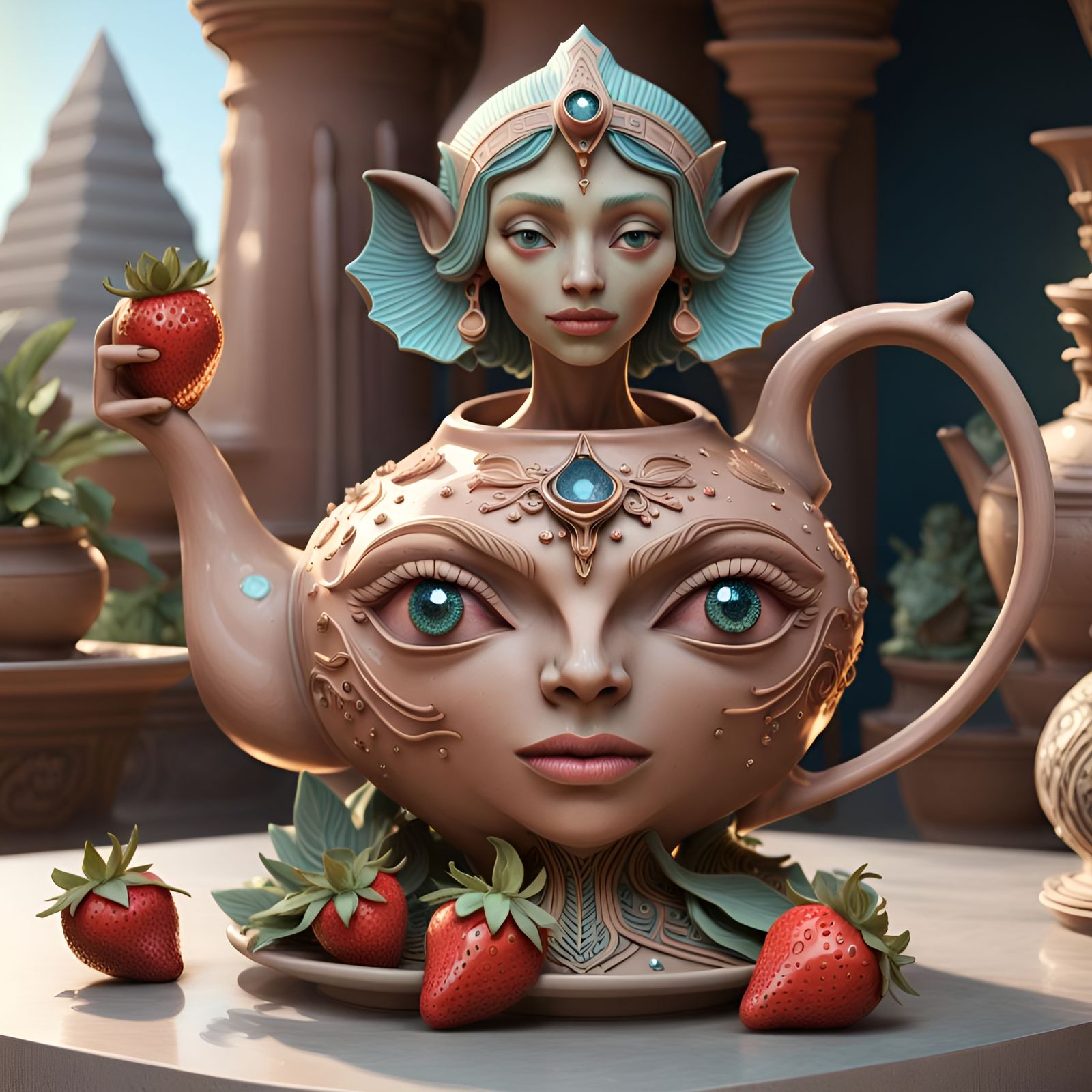 Whimsical Alien Teapot with Egyptian Sculpture