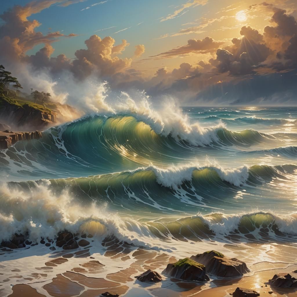 Mystical Tsunami Wave Crashes in Ethereal Oil Painting