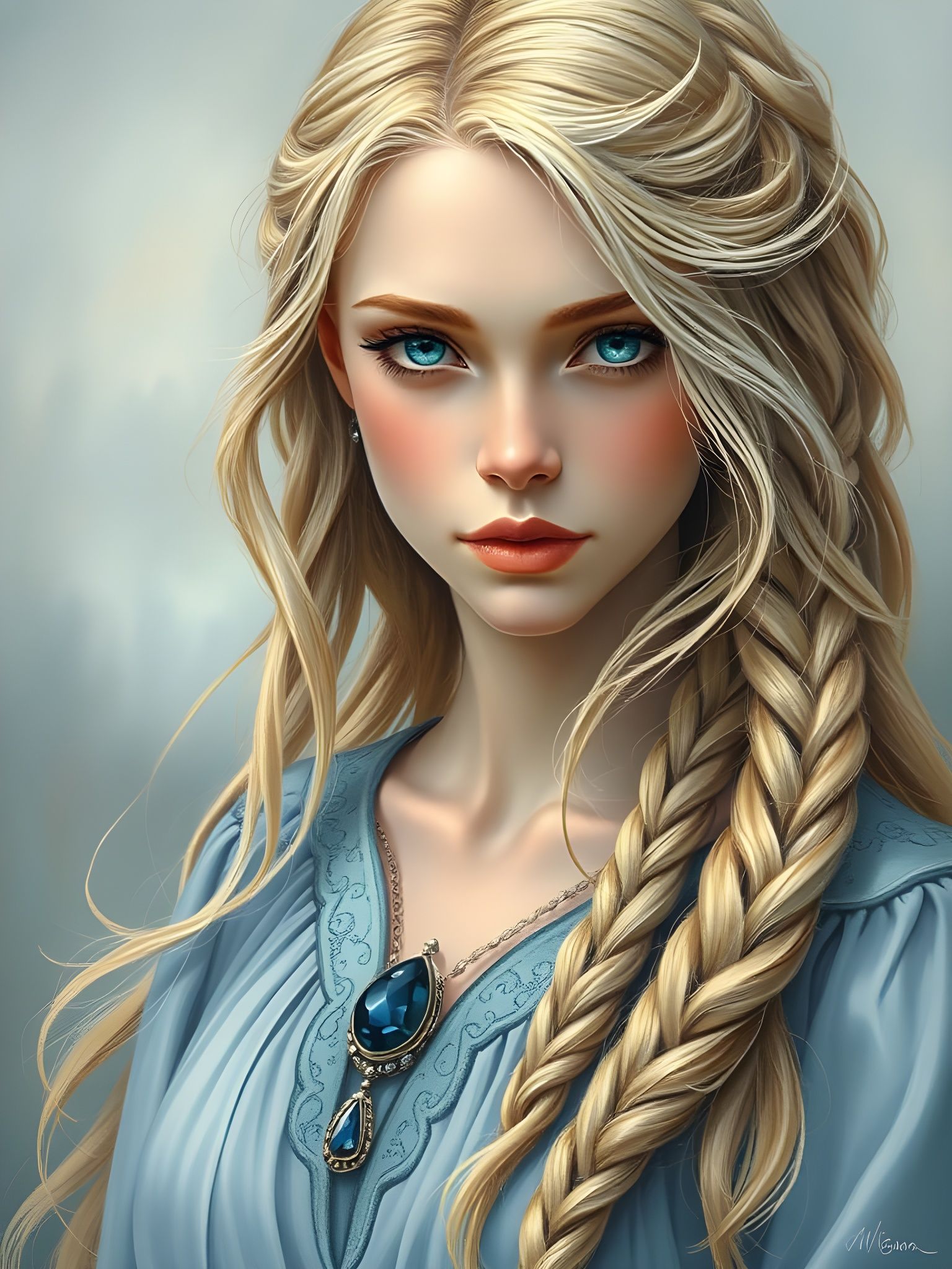 Norse Goddess with Sapphire Eyes in Ethereal Blue Hues