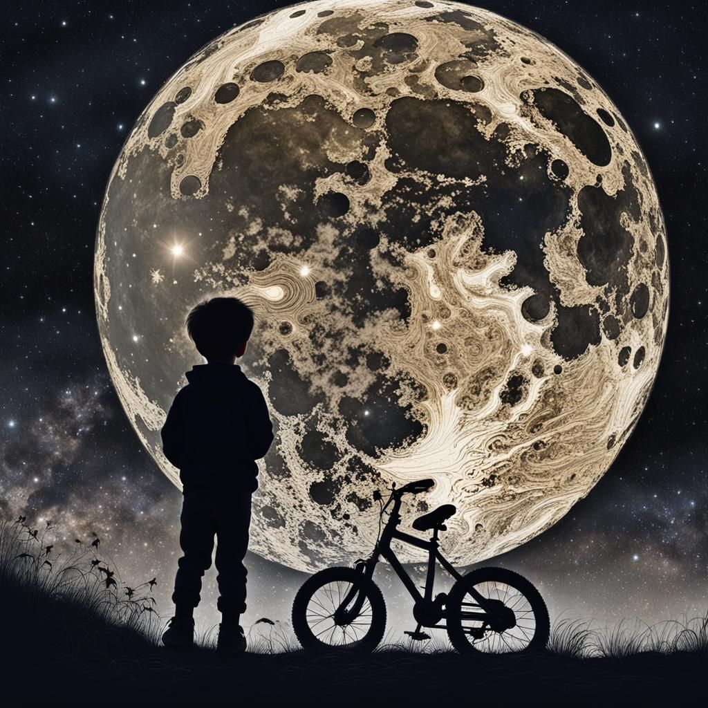 Boy's Lunar Dream: Hyperrealistic Space Travel Silhouette