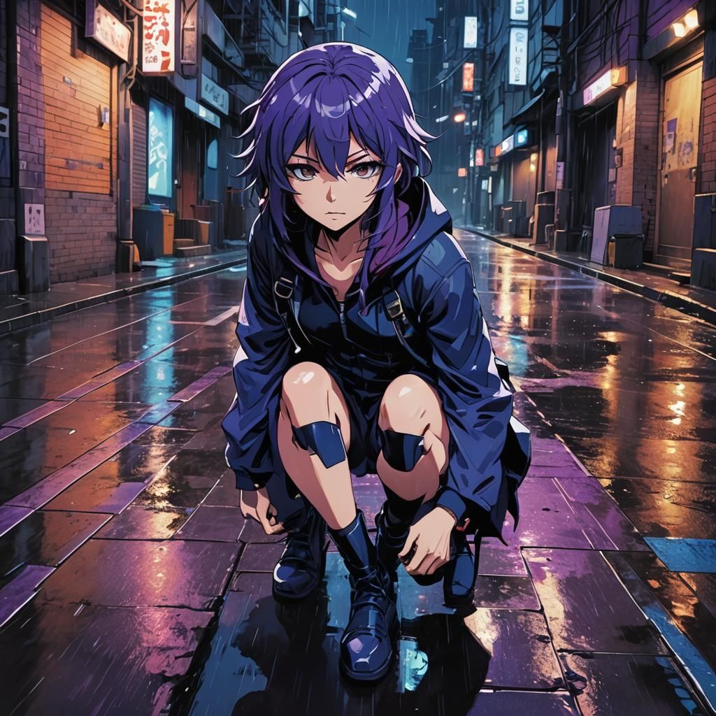 Elara Nightwhisper in Rainy City Alleyway: Anime Manga