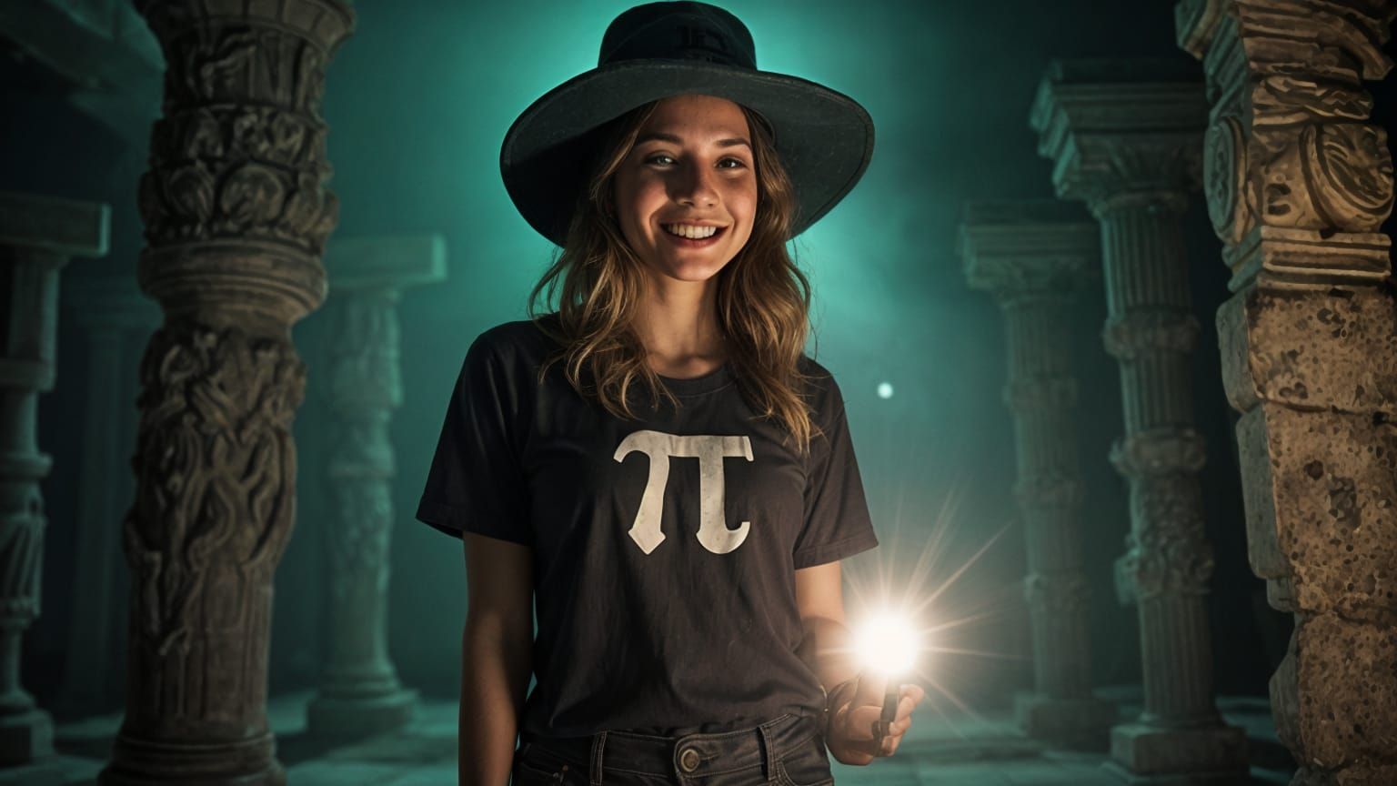 Grey-Skinned Nerd Grinning in Midnight Temple