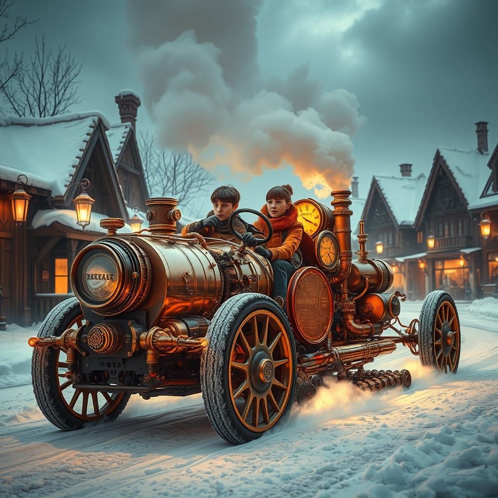 Whimsical Steampunk Teens Drive Mechanical Steam Car Through...