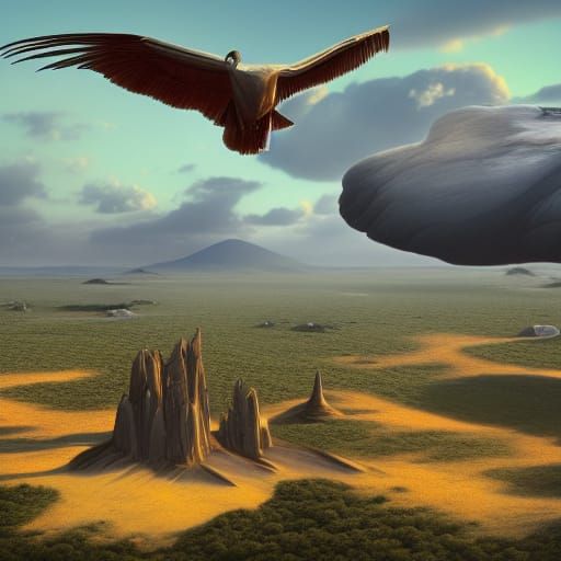 Giant Bird Soaring Over Serengeti: Detailed Matte Painting