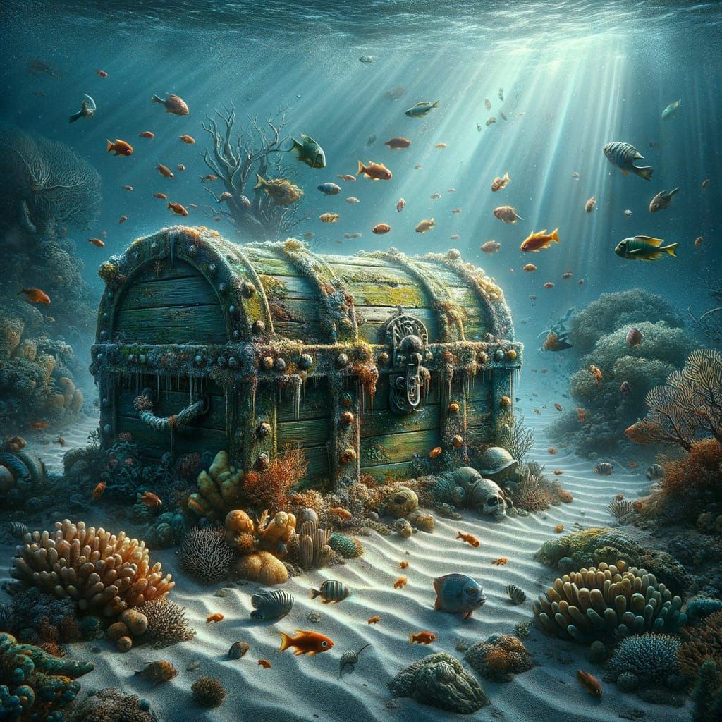 Hyperrealistic Sunken Treasure Chest in Ocean