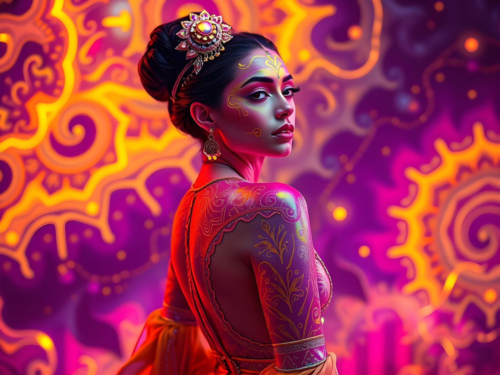 Neon Fractal Art Girl in Dynamic Pose