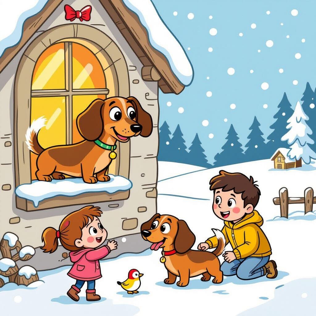 Dachshund Coloring Page: Family and Snowy Cottage Fun