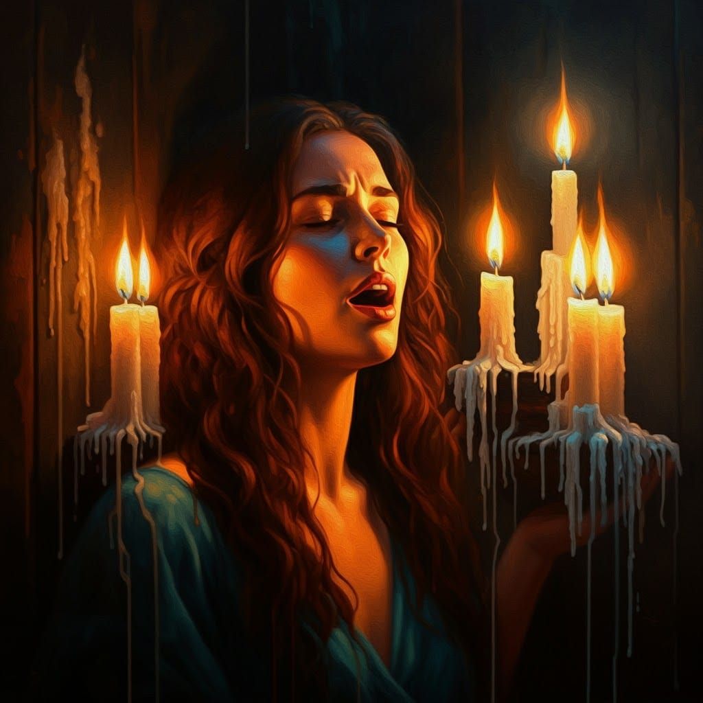 Symbolic Surrealism: Gray-Haired Woman Singing in Darkness