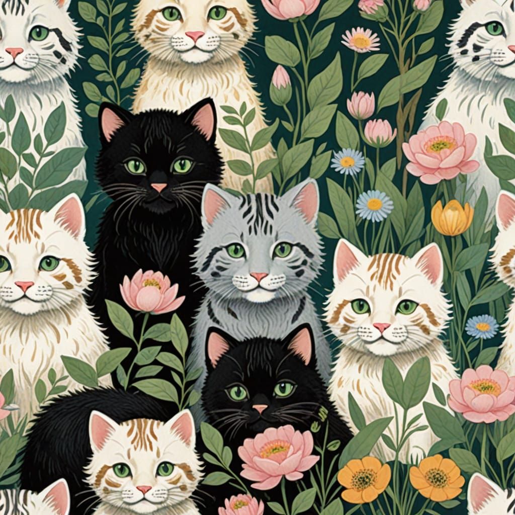 Kittens and White Tiger Cuddling in Dreamy Illustration