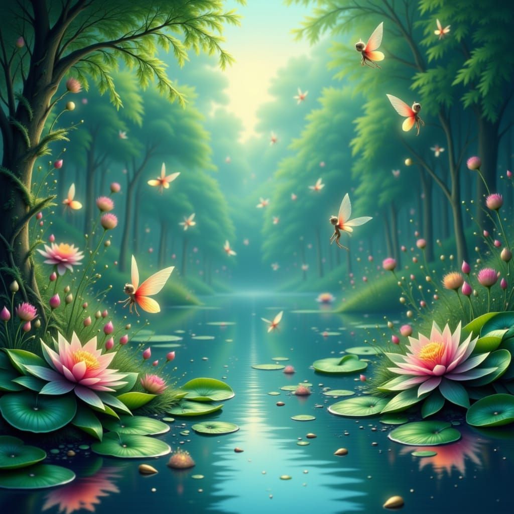 Ethereal Fairies and Water Lilies on a Serene Lake