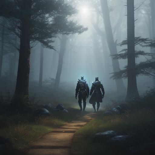 Fantasy Warriors and Mage in Misty Forest