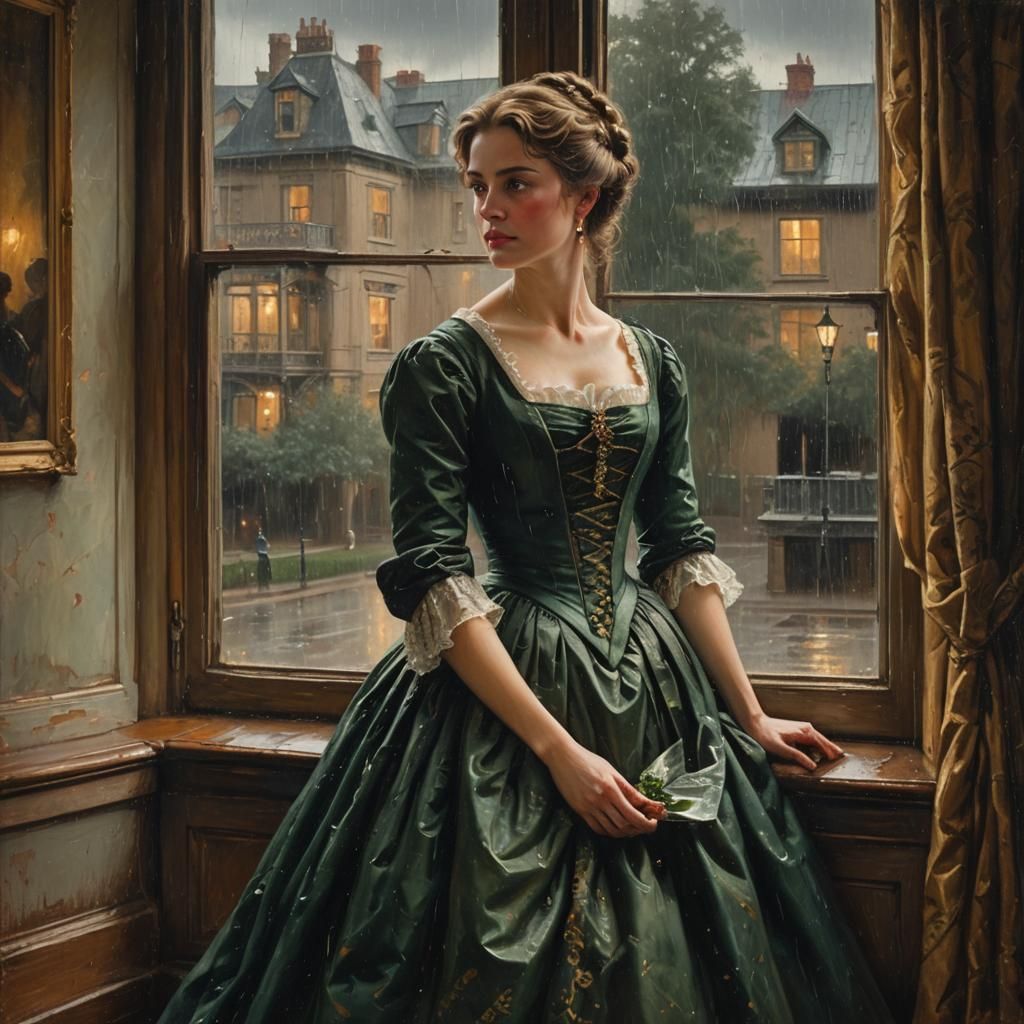 Woman in 1800s Gown Gazing at Rain, Oil Painting