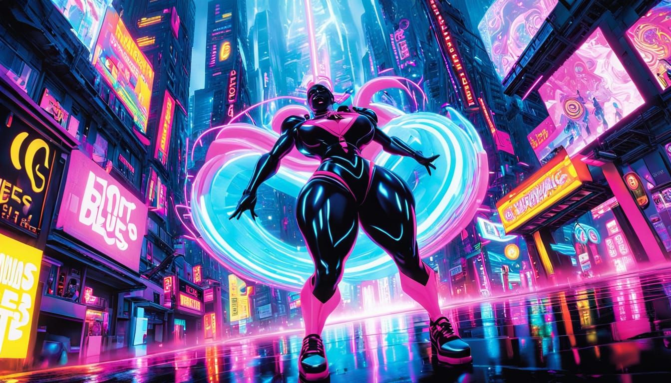 Futuristic Futa Goddess Radiates Neon Glamour in Cityscape