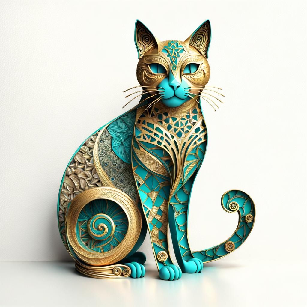 Gold and Turquoise Cat in 3D Zentangle