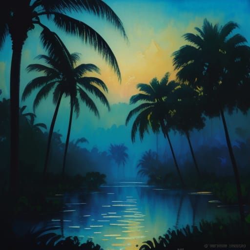 Impressionist Garden Scene with Palm Tree Oil Painting