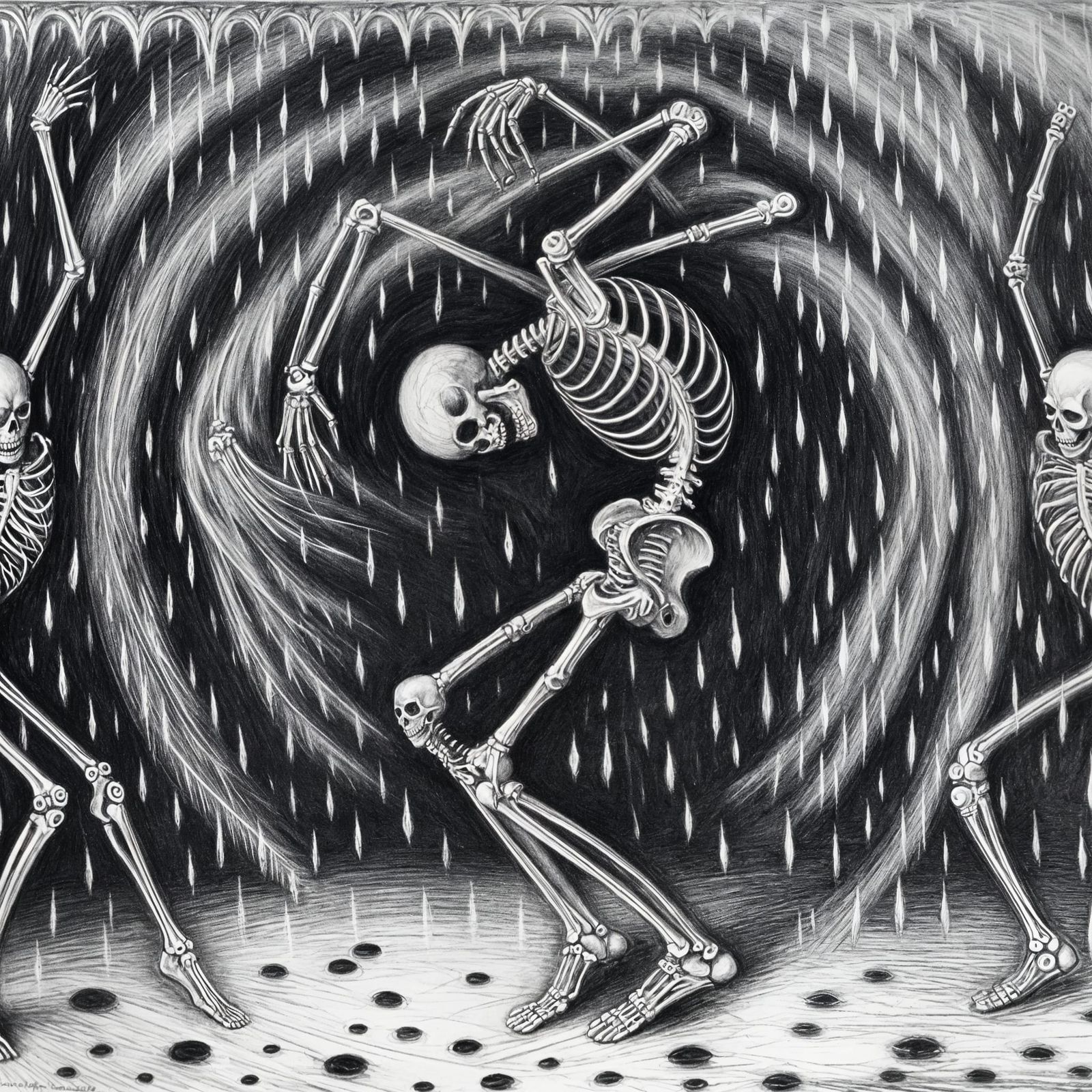 Dancing Skeleton in Rainy Gothic Charcoal Drawing