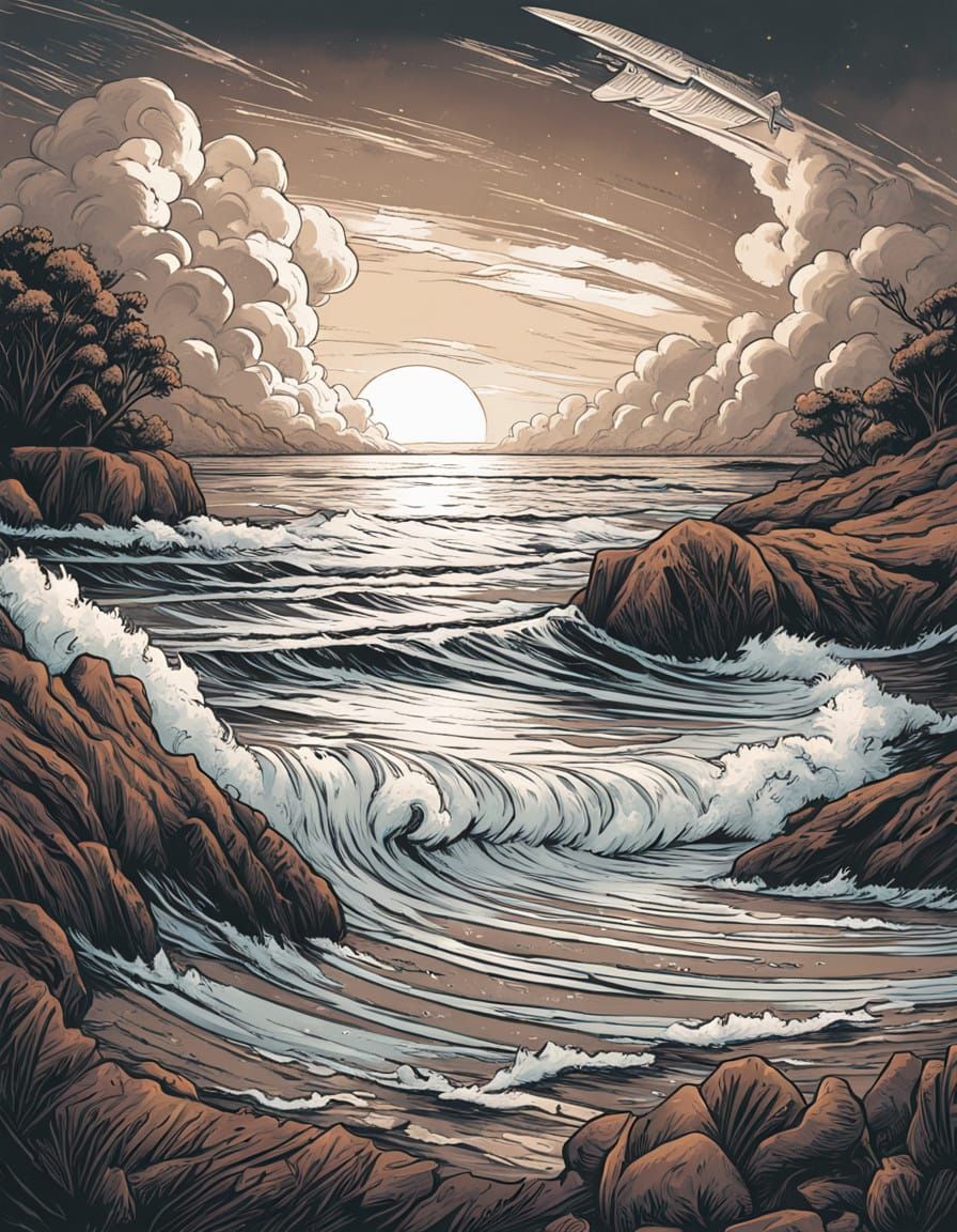 Monochrome Seashore Scene in Expressive Comic Book Style