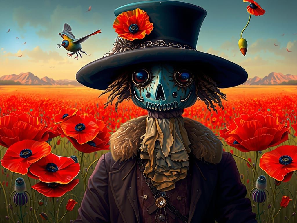 An surreal scarecrow on a poppy field.