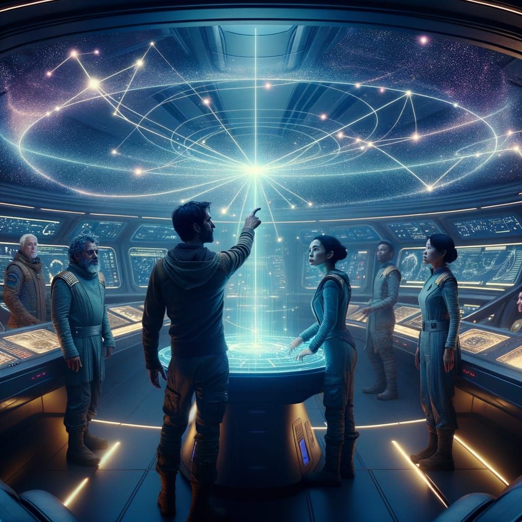 Futuristic Starship Crew Gathers Around Star Map