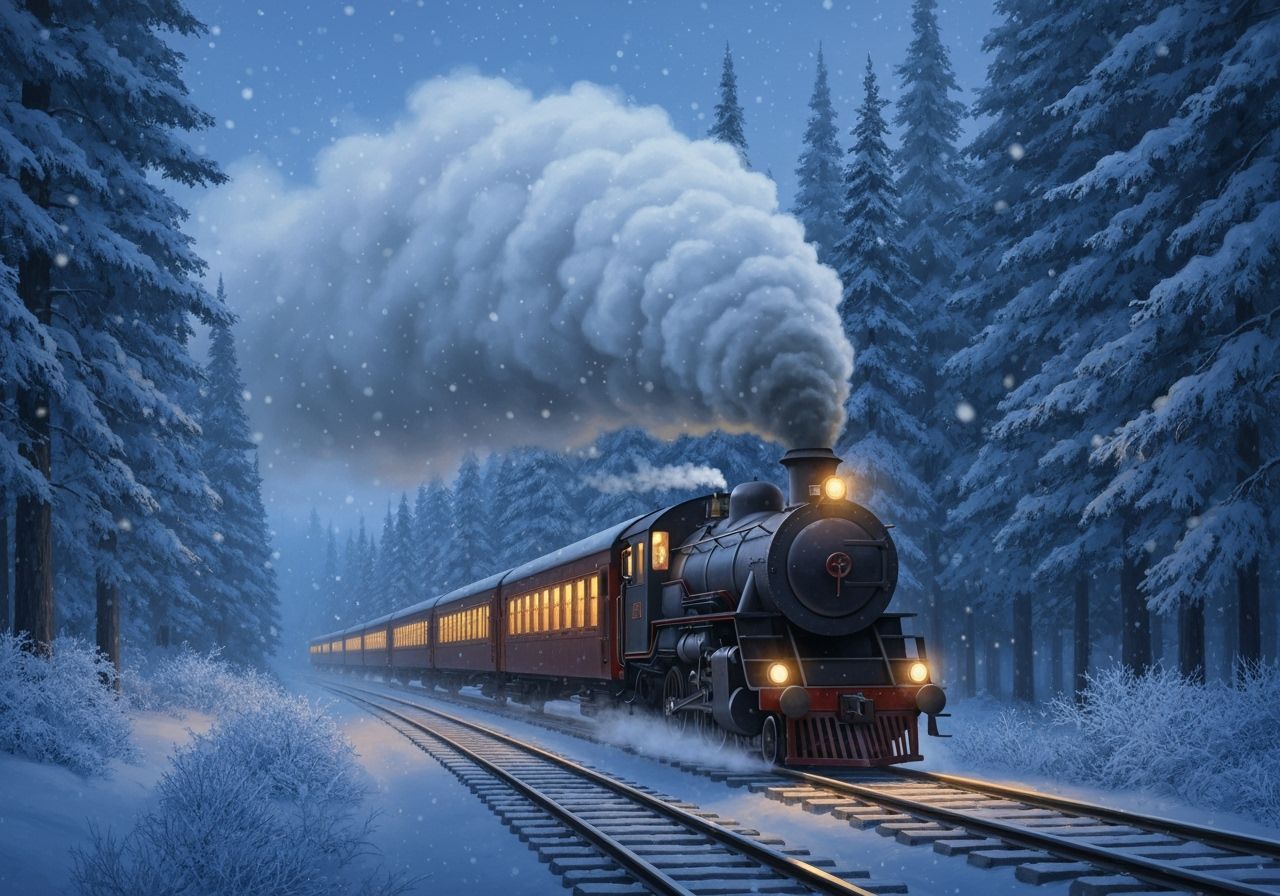 Vintage Steam Train in Magical Snowy Forest Twilight