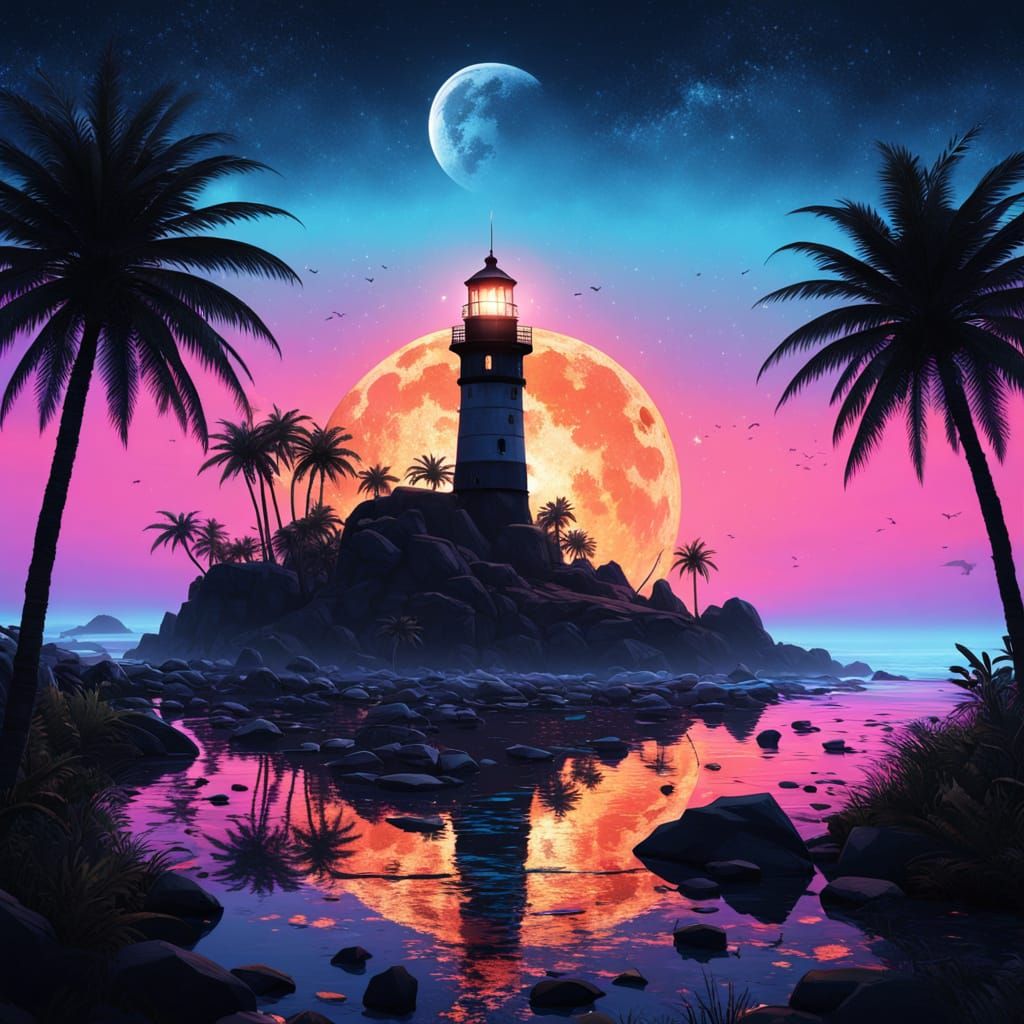 Luminous Lighthouse Under Vibrant Starry Night