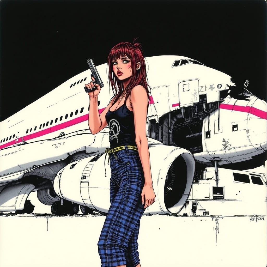 Woman in Front of Crashed 747 in Graphic Style