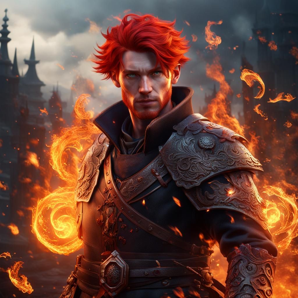 Young Man with Fire Magic in Detailed Matte Painting