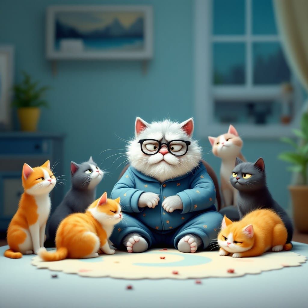 Whimsical Grandpa Cat in Cozy Home Scene
