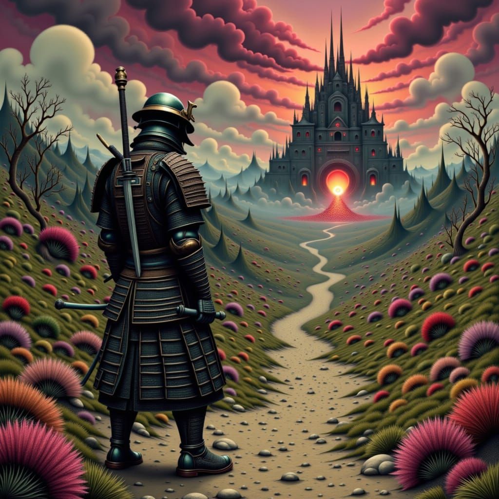 Samurai Guarding Farm in Post-Apocalyptic Landscape