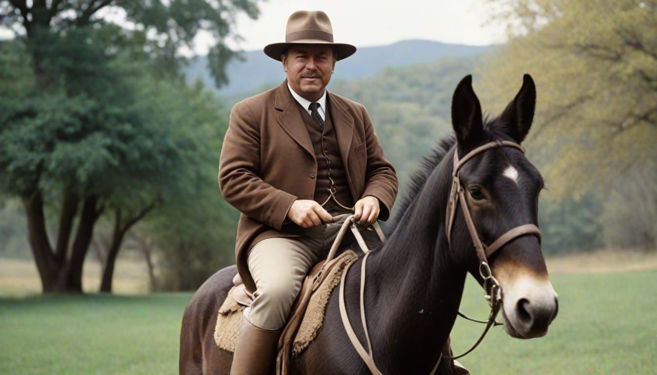 Vintage-Looking Teddy Roosevelt Riding a Donkey in a Wide-Br...