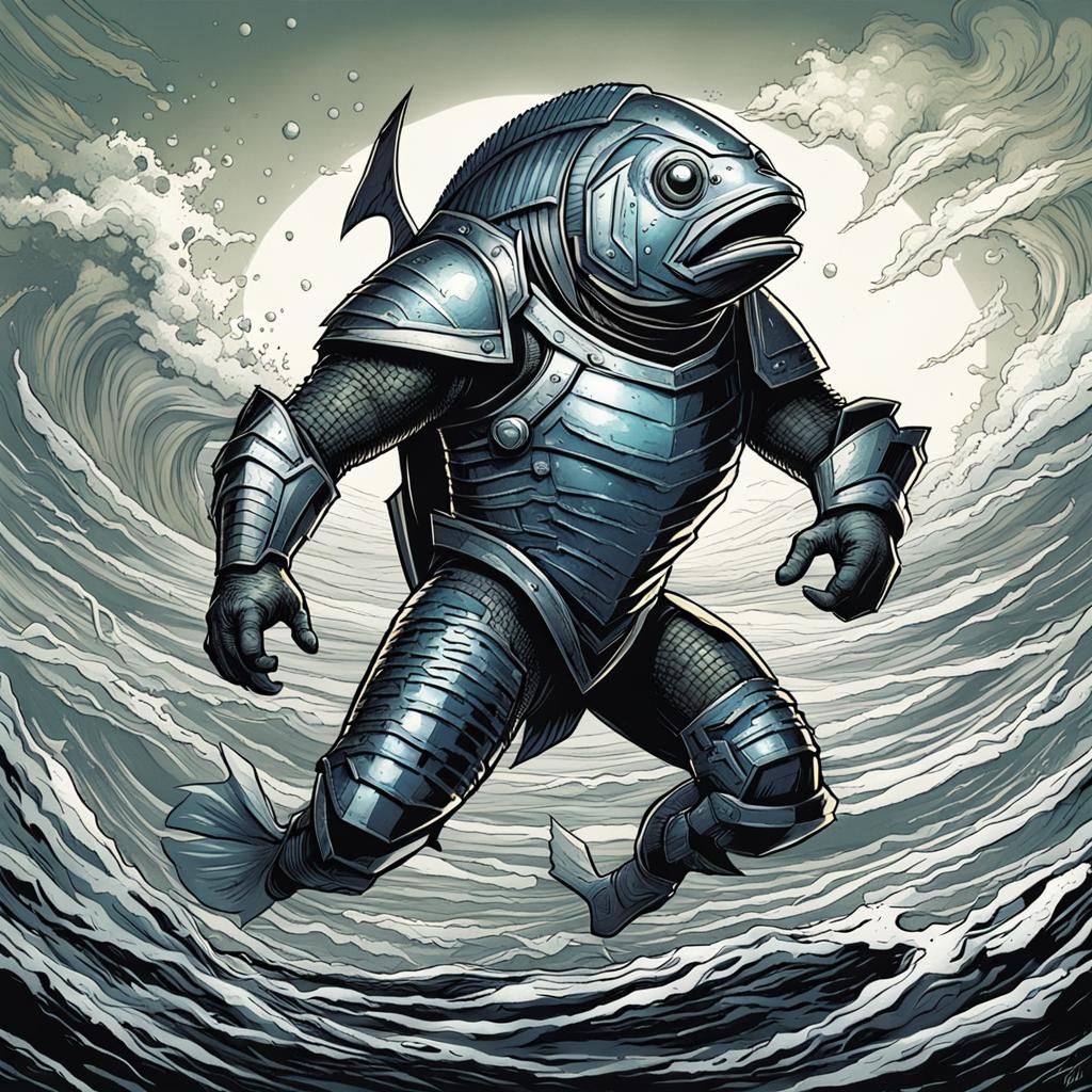 Armored Fish Poses as Superhero: Comic Book Art