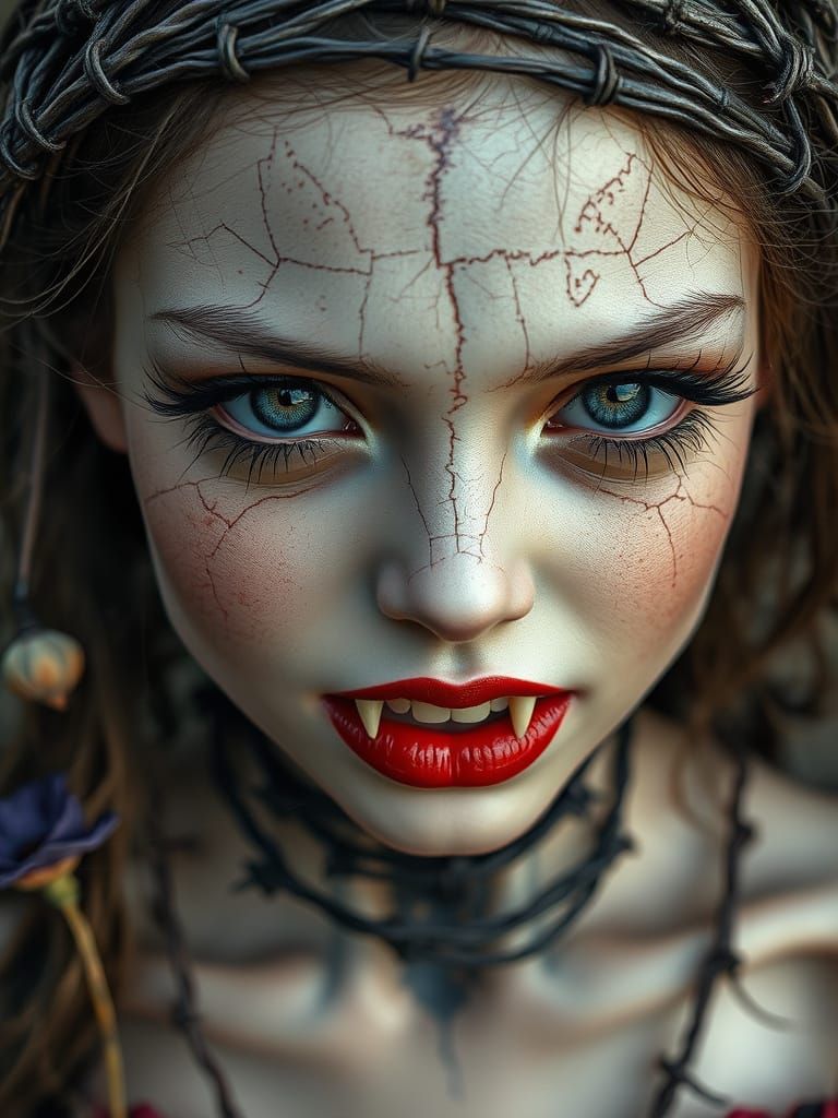 Barbed Wire Hair Girl With Spider Lashes And Cracked Porcela...