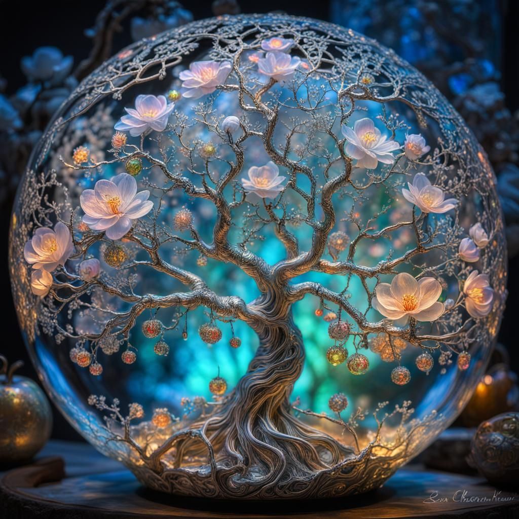 Glowing Apple with Blossoms in Psychedelic Art