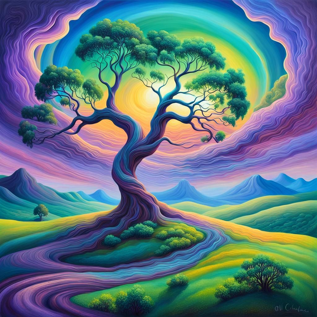 Surreal Fantasy World with Twisted Tree in Oil Painting