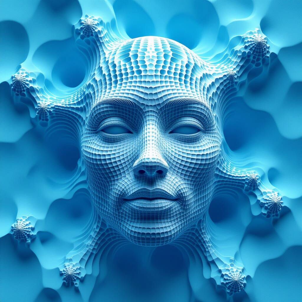 Abstract Face Emerges from Cerulean Void