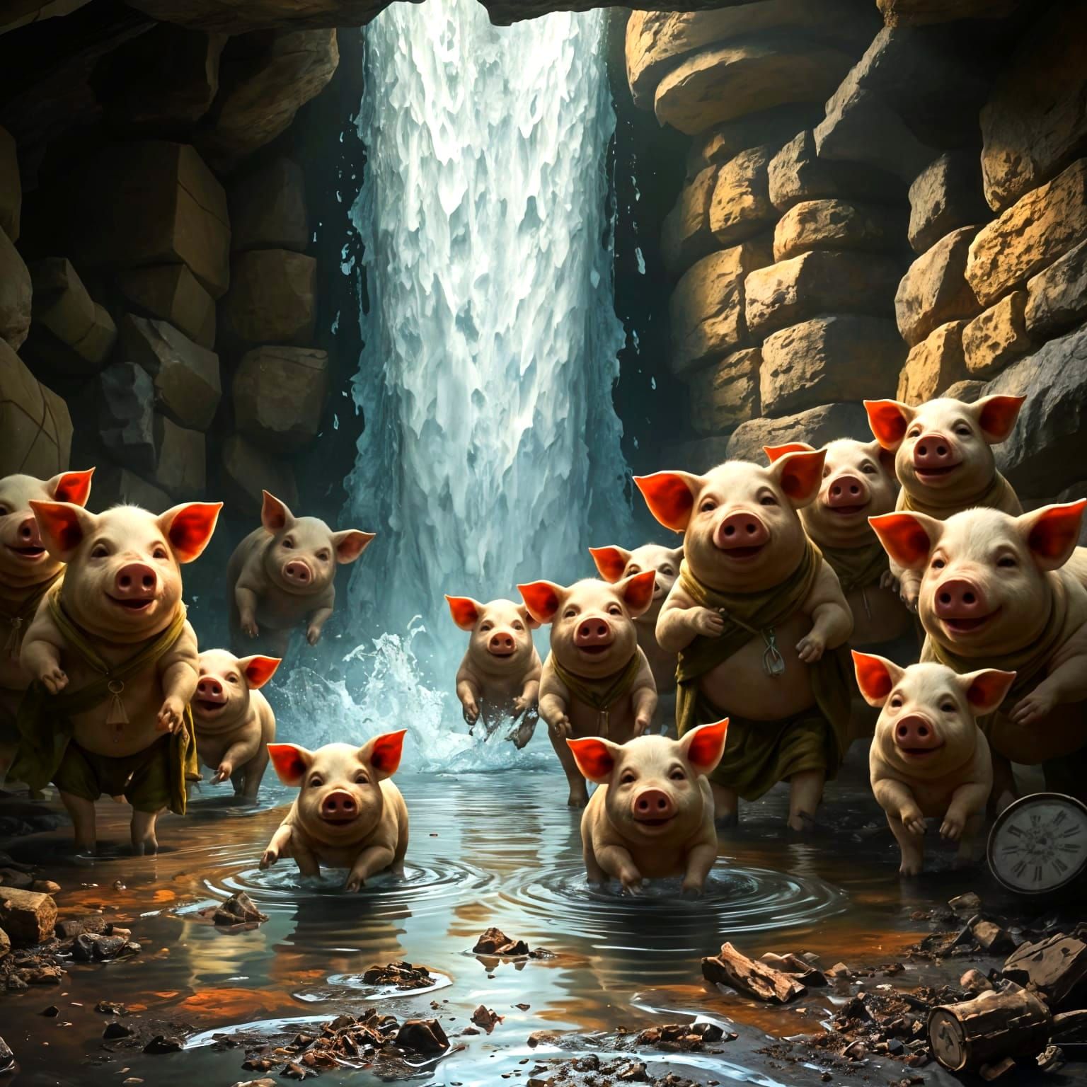 Joyful Pigs Bathing in Waterfall, Digital Matte Painting