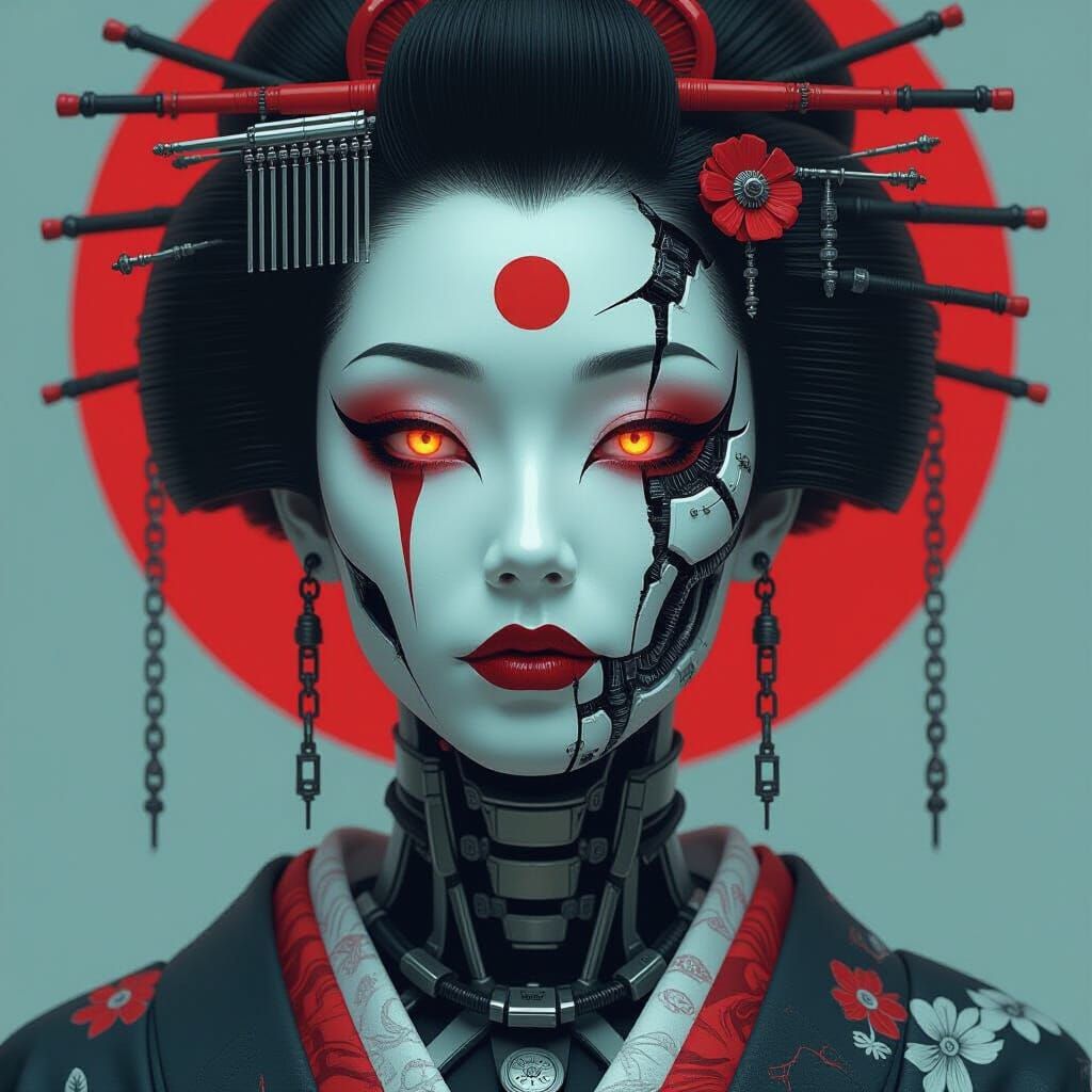 A whimsical nightmarish cyberpunk geisha, porcelain face wit...
