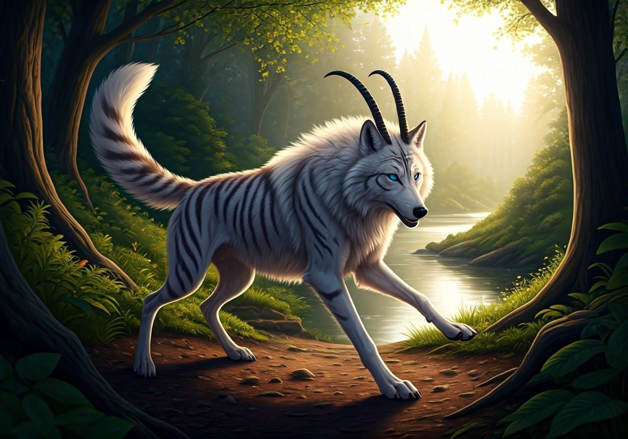 Hybrid Wolf Leaping Through Forest, Photorealistic Style
