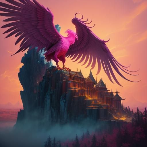 Pink Phoenix with Fiery Heart: Fantasy Art