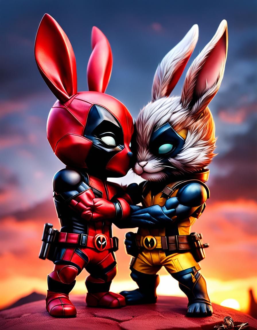 Valentine Sunset: Deadpool & Wolverine Chibi Bunnies