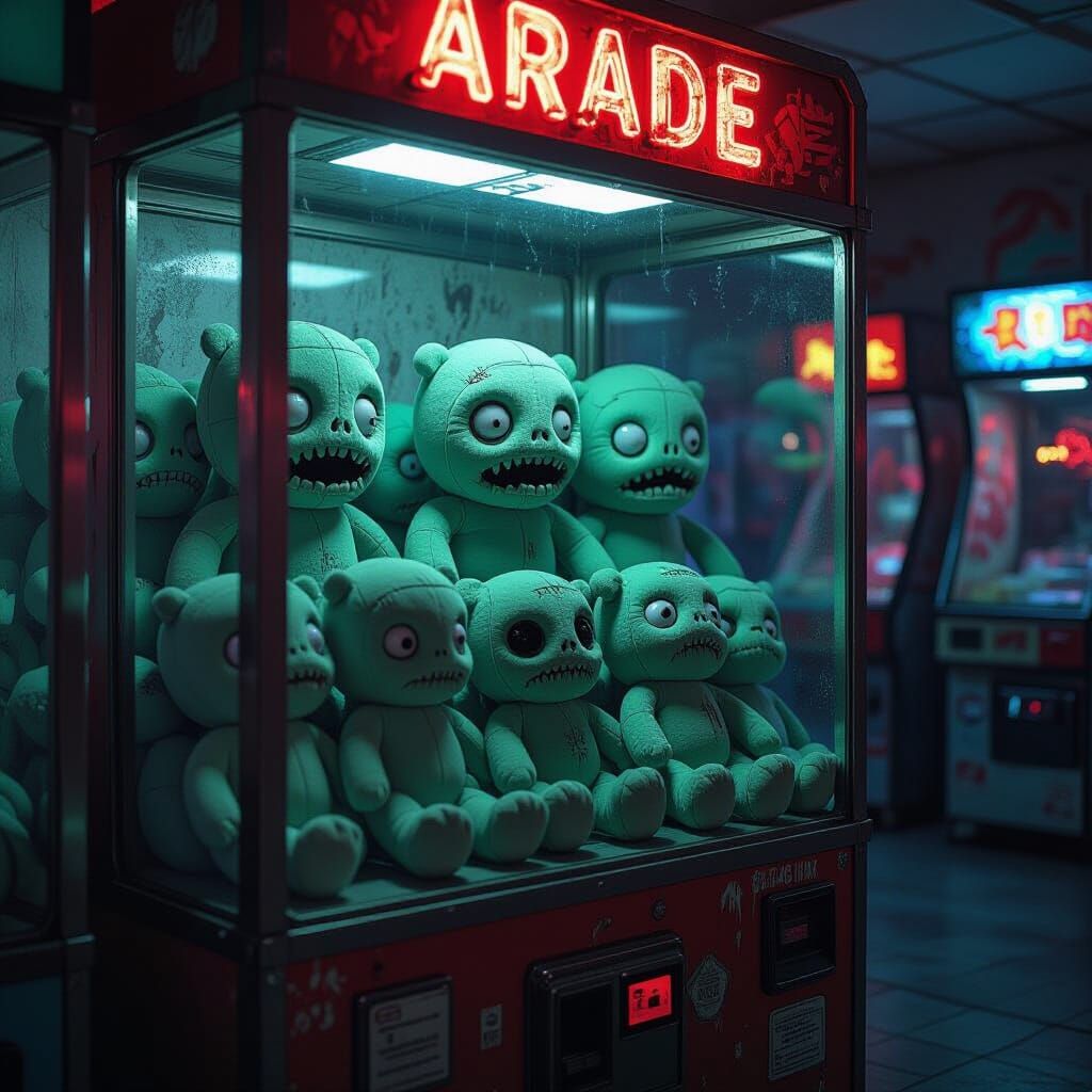 Zombie Plush Toys in a Dimly Lit Arcade