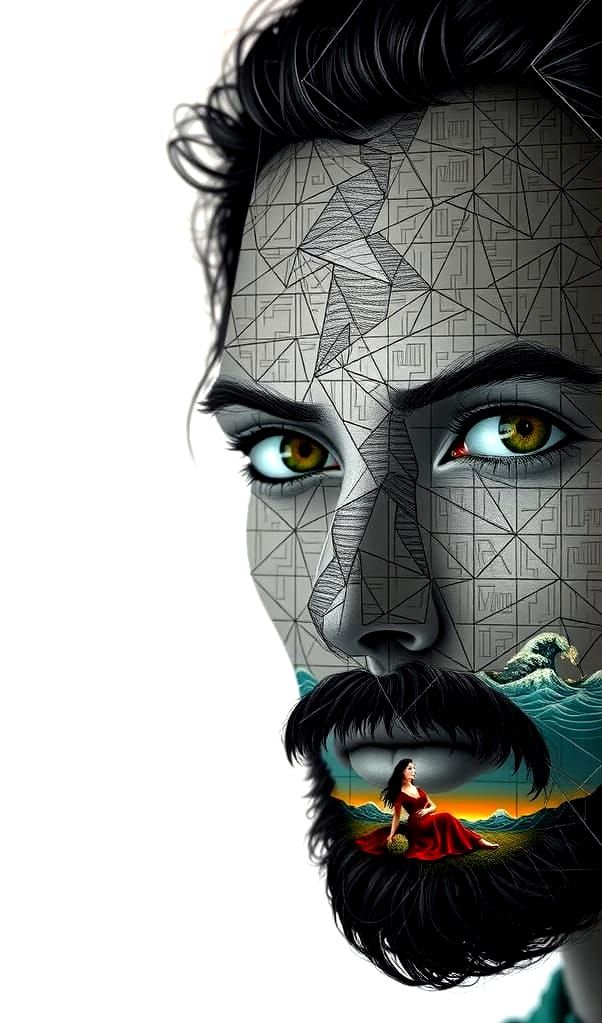 A surreal hyper-detailed artwork of a dark-haired woman in a...