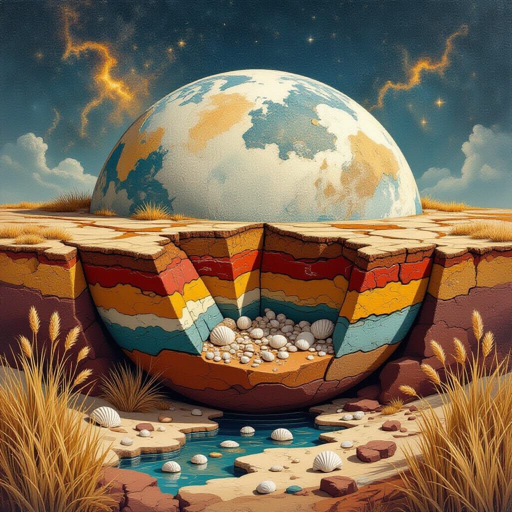 Earth Cross-Section with Fossils and Celestial Backdrop