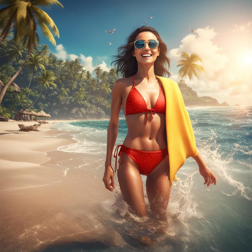 Brunette Woman in Red Bikini on Tropical Beach