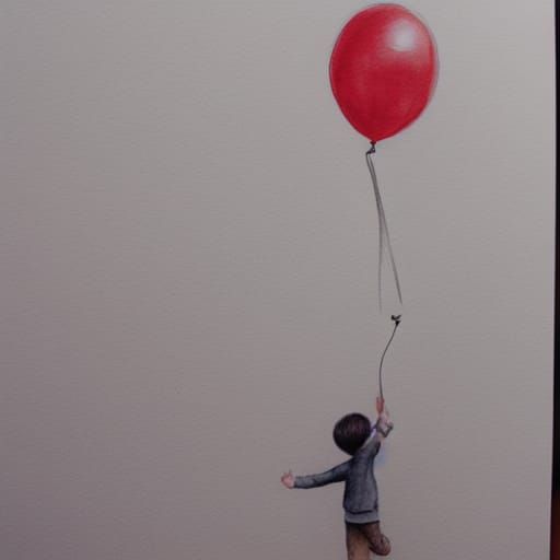 Boy with Balloon in Muted Watercolor Sketch