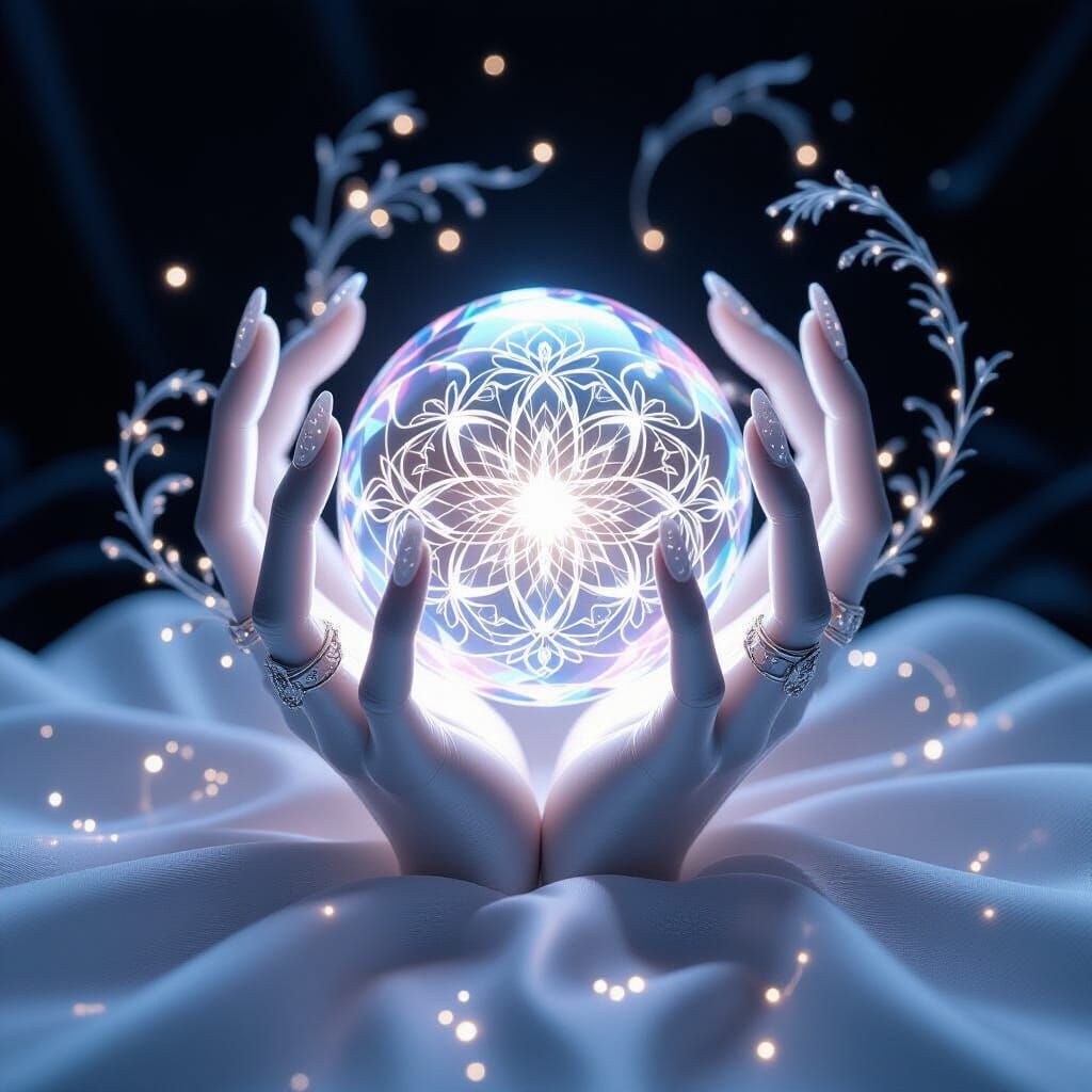 Glowing Crystal Sphere in Silver Hands, 3D Render